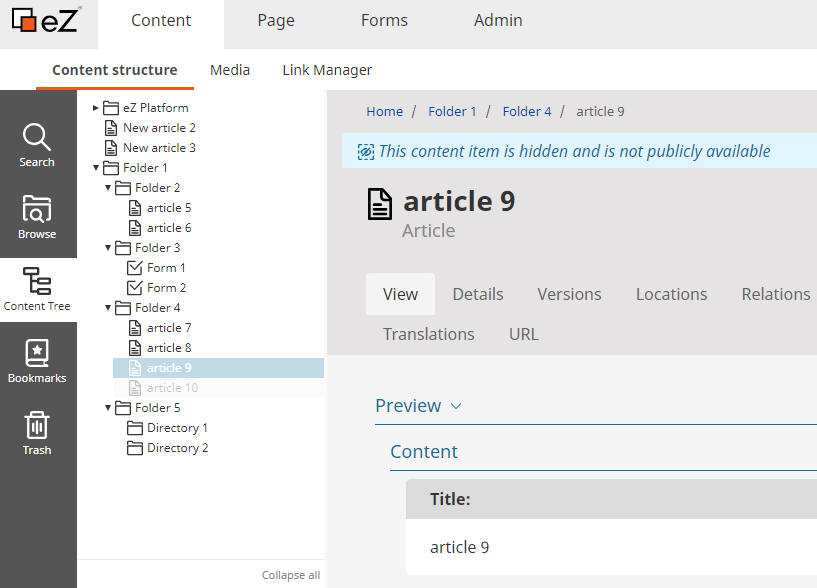 Content tree in the menu